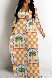 Yellow Elegant Plaid Floral Print Pocket Contrast V Neck Printed Dresses