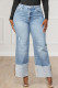 Blue Casual Solid Color Patchwork Mid Waist Regular Denim Jeans