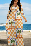 Colour Elegant Plaid Floral Print Pocket Contrast V Neck Printed Dresses