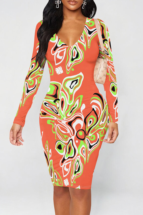 Orange Red Casual Geometric Print Contrast V Neck Printed Dresses