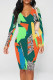 Green Sexy Camouflage Print Leopard Contrast V Neck Printed Dresses