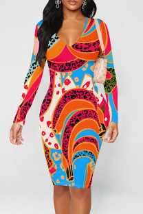 Orange Red Sexy Camouflage Print Leopard Contrast V Neck Printed Dresses