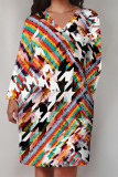 Brown Street Plaid Flowers Pocket Contrast V Neck Printed Plus Size Dresses