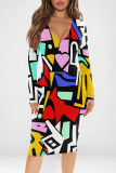 Pink Yellow Street Graffiti Print Contrast V Neck Printed Dresses
