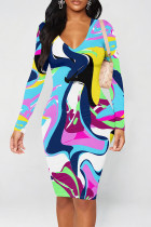 Purplish Blue Street Geometric Print Heart Pattern Contrast V Neck Printed Dresses