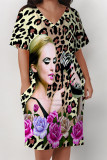 Black Street Graffiti Print Stripe Leopard Pocket Contrast V Neck Printed Plus Size Dresses
