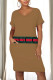 Coffee Casual Letter Print Pocket V Neck Printed Short Sleeve Dress