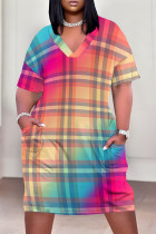 Gradient Color Casual Plaid Stripe Chain print Pocket Contrast V Neck Printed Plus Size Dresses