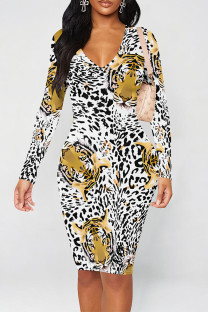 Leopard Print Sexy Camouflage Print Leopard Contrast V Neck Printed Dresses