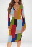 Multicolor Casual Geometric Print Contrast V Neck Printed Dresses