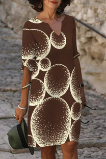 Brown Casual Geometric Print Flowers Contrast V Neck Printed Dresses