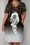 Black White Street Animal Print Flowers Letters Pocket Contrast V Neck Printed Plus Size Dresses