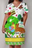 Black White Street Animal Print Flowers Letters Pocket Contrast V Neck Printed Plus Size Dresses