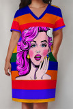 Black Street Graffiti Print Stripe Leopard Pocket Contrast V Neck Printed Plus Size Dresses