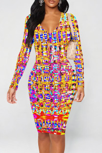 Colour Casual Geometric Print Contrast V Neck Printed Dresses
