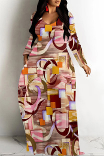 Colour Elegant Plaid Floral Print Pocket Contrast V Neck Printed Dresses