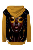 Navy Blue Street Figure Print Draw String Pocket Hooded Tops
