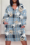 Brown Street Plaid Flowers Pocket Contrast V Neck Printed Plus Size Dresses