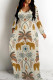 Beige Elegant Plaid Floral Print Pocket Contrast V Neck Printed Dresses
