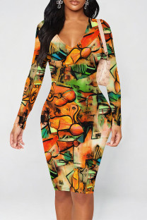 Brown Green Elegant Floral Print Contrast V Neck Printed Dresses