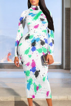 Multicolor Street Stripe Splashed ink printing Contrast Half A Turtleneck Printed Dresses