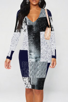 White Grey Casual Geometric Print Contrast V Neck Printed Dresses