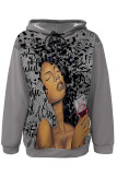 Navy Blue Street Figure Print Draw String Pocket Hooded Tops