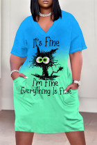 Turquoise Street Animal Print Flowers Letters Pocket Contrast V Neck Printed Plus Size Dresses
