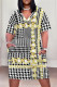 White Gold Casual Plaid Stripe Chain print Pocket Contrast V Neck Printed Plus Size Dresses