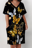 Black White Street Animal Print Flowers Letters Pocket Contrast V Neck Printed Plus Size Dresses