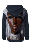 Navy Blue Street Figure Print Draw String Pocket Hooded Tops