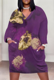 Blue Casual Striped Print Pocket Contrast V Neck Printed Plus Size Dresses