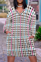 White Rose Red Street Plaid Pocket Patchwork Contrast V Neck Printed Plus Size Dresses