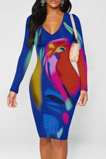 Deep Blue Elegant Floral Print Contrast V Neck Printed Dresses