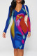 Deep Blue Elegant Floral Print Contrast V Neck Printed Dresses