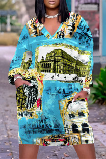Blue Casual Striped Print Pocket Contrast V Neck Printed Plus Size Dresses
