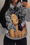 Navy Blue Street Figure Print Draw String Pocket Hooded Tops