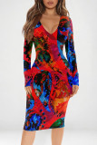 Black Street Geometric Print Heart Pattern Contrast V Neck Printed Dresses