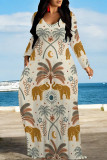 Colour Elegant Plaid Floral Print Pocket Contrast V Neck Printed Dresses