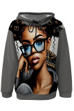 Navy Blue Street Figure Print Draw String Pocket Hooded Tops