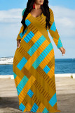 Colour Elegant Plaid Floral Print Pocket Contrast V Neck Printed Dresses