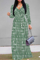Green Casual The stars Leaves Lace Up Contrast V Neck Printed Dresses