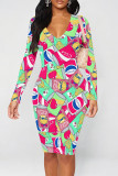 Pink Yellow Street Graffiti Print Contrast V Neck Printed Dresses