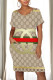 Khaki Casual Letter Print Pocket V Neck Printed Short Sleeve Dress