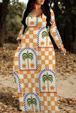 Colour Elegant Plaid Floral Print Pocket Contrast V Neck Printed Dresses
