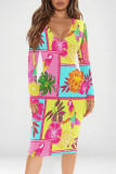 Pink Yellow Street Graffiti Print Contrast V Neck Printed Dresses
