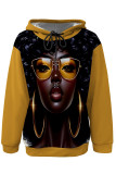 Navy Blue Street Figure Print Draw String Pocket Hooded Tops