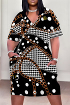 Black Casual Plaid Stripe Chain print Pocket Contrast V Neck Printed Plus Size Dresses