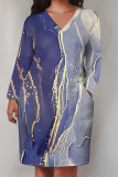 Blue Casual Striped Print Pocket Contrast V Neck Printed Plus Size Dresses