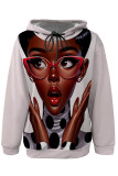 Navy Blue Street Figure Print Draw String Pocket Hooded Tops